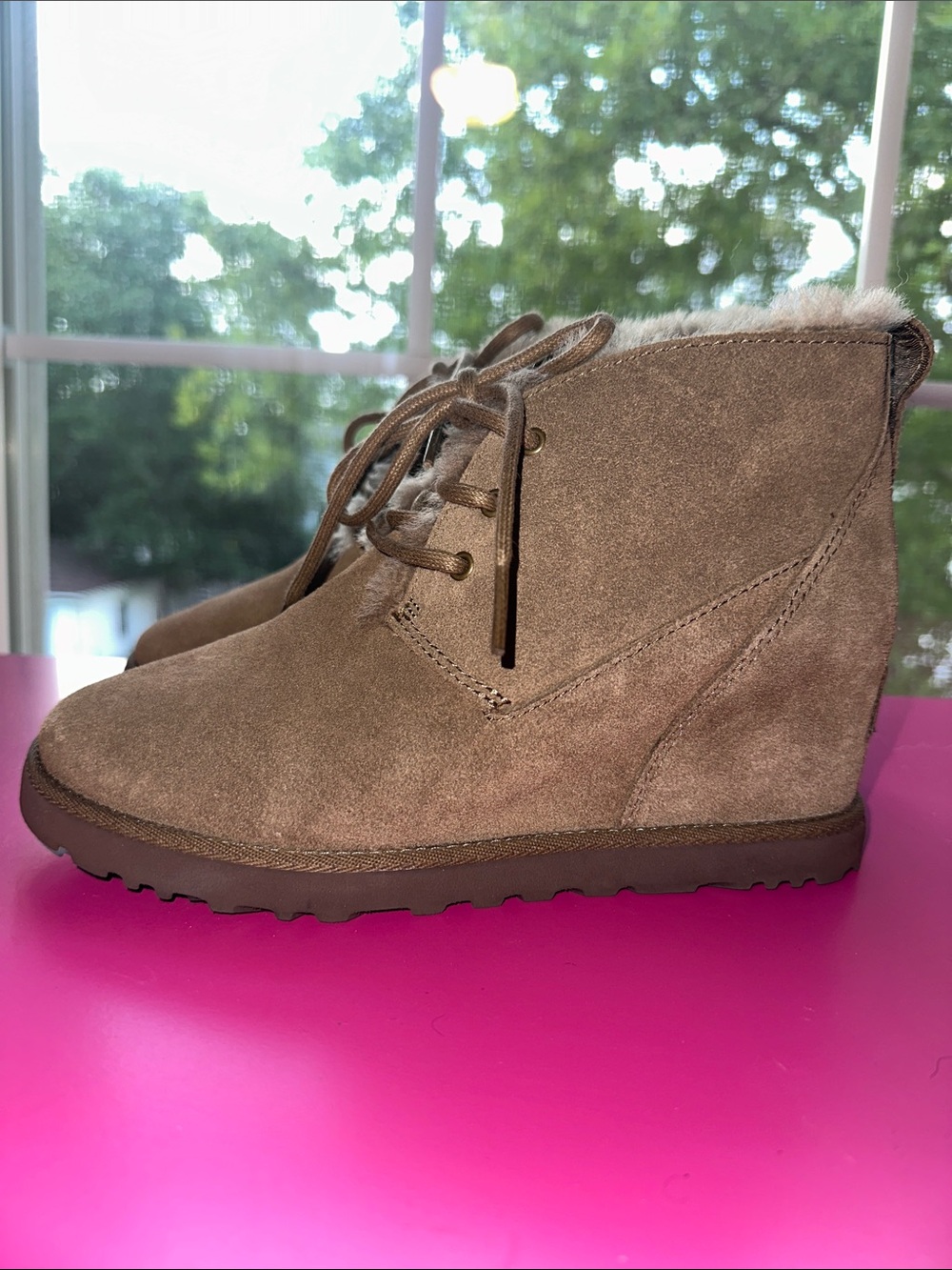 UGG Brown Suede Fur-Lined Lace-Up Wedge Heel Ankle Booties